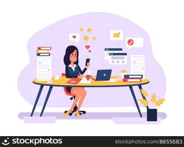 Procrastination at work. Woman employee sitting at workplace and surfing social media in smartphone. Unproductive and distracted office worker drinking coffee and postponing paperwork vector. Procrastination at work. Woman employee sitting at workplace and surfing social media in smartphone. Unproductive office worker