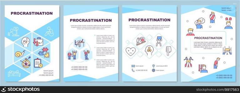 Procrastination brochure template. Flyer, booklet, leaflet print, cover design with linear icons. Delaying things. Minimize laziness. Vector layouts for magazines, annual reports, advertising posters. Procrastination brochure template