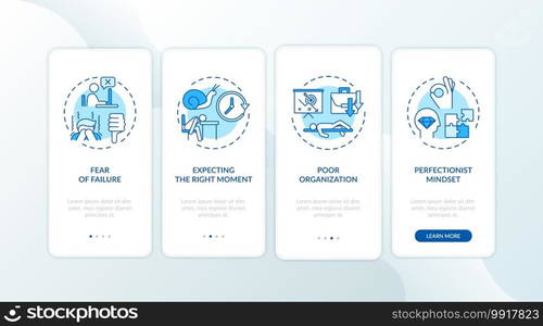 Procrastination causes onboarding mobile app page screen with concepts. Waiting, poor organization walkthrough 4 steps graphic instructions. UI vector template with RGB color illustrations. Procrastination causes onboarding mobile app page screen with concepts