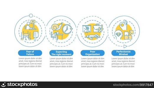Procrastination causes vector infographic template. Disorganization, fears presentation design elements. Data visualization with 4 steps. Process timeline chart. Workflow layout with linear icons. Procrastination causes vector infographic template