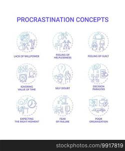 Procrastination concept icons set. Poor organization idea thin line RGB color illustrations. Expecting right moment. Failure fear. Self doubt. Decision paralysis. Vector isolated outline drawings. Procrastination concept icons set