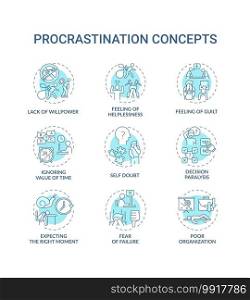 Procrastination concept icons set. Poor organization idea thin line RGB color illustrations. Guilt feeling. Ignoring time value. Decision paralysis. Vector isolated outline drawings. Editable stroke. Procrastination concept icons set