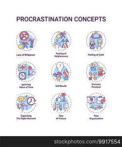 Procrastination concept icons set. Poor organization idea thin line RGB color illustrations. Willpower lacking. Self doubt. Decision paralysis. Vector isolated outline drawings. Editable stroke. Procrastination concept icons set