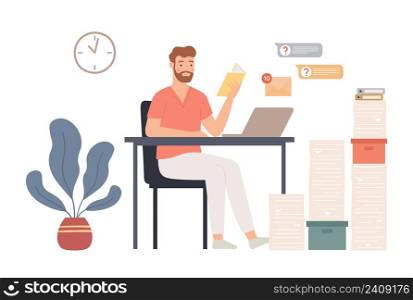 Procrastination concept. Male employee sitting at workplace and reading book. Unproductive worker postpone paperwork and tasks. Unprofitable time spending and useless pastime vector. Procrastination concept. Male employee sitting at workplace and reading book. Unproductive worker postpone paperwork