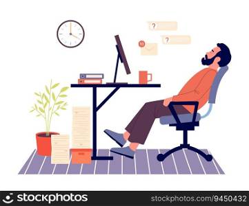 Procrastination concept. Male employee sitting at workplace and resting. Unproductive worker postpone tasks. Paperwork and correspondence waiting, mot meeting deadline and unprofitable time vector. Procrastination concept. Male employee sitting at workplace and resting. Unproductive worker postpone tasks