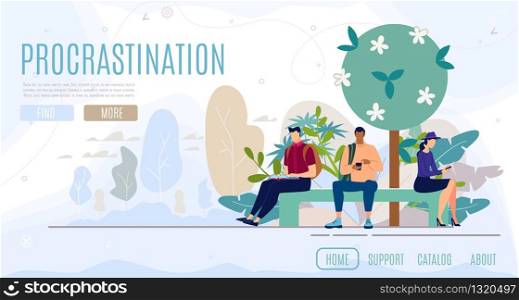 Procrastination, People Work Psychology Help or Consultation Online Service Flat Vector Web Banner, Landing Page Template with Multinational Man and Woman Sitting on Bench with Cellphones Illustration