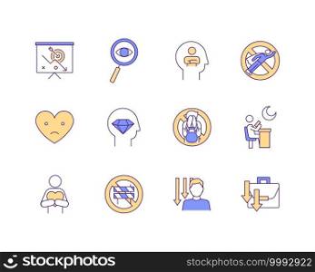 Procrastination RGB color icons set. Low self-esteem and depression. Life challenges overcome. Chronic dissatisfaction. Destructive behavior. Losing motivation at work. Isolated vector illustrations. Procrastination RGB color icons set