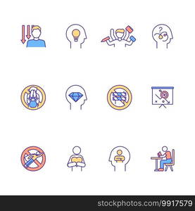 Procrastination RGB color icons set. Motivational psychology. Procrastinatory cognitions. Low priority task. Super productive. Student syndrome solving. Isolated vector illustrations. Procrastination RGB color icons set