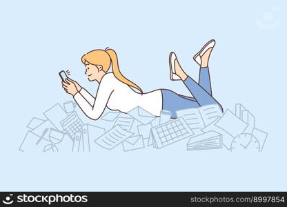 Procrastination woman with phone lies on documents and stationery oblivious to mess. Girl office worker spends working time on procrastination without performing official duties. Procrastination woman with phone lies on documents and stationery oblivious to mess