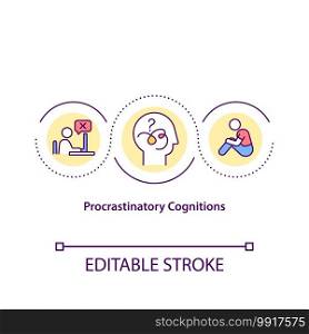 Procrastinatory cognitions concept icon. Postponing of more important activities for less important ones. Work idea thin line illustration. Vector isolated outline RGB color drawing. Editable stroke. Procrastinatory cognitions concept icon