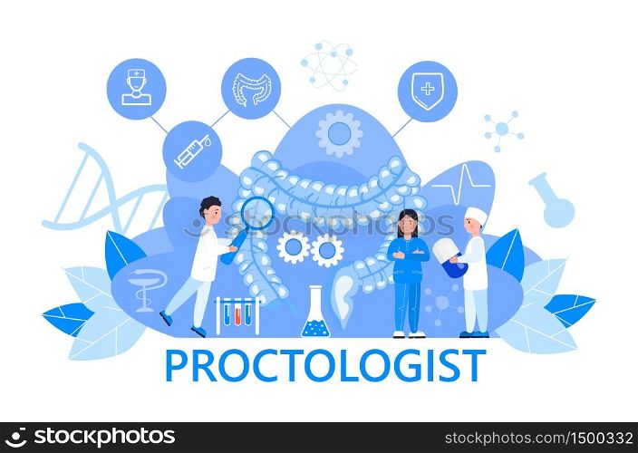 Proctologist concept vector for medical web. app. blog.Intestine doctors examine, treat dysbiosis. Tiny therapist of proctology looks through a magnifying glass on harmful bacteria.. Proctologist concept vector for medical web. app. blog.Intestine doctors examine, treat dysbiosis. Tiny therapist of proctology looks through a magnifying glass at harmful bacteria.