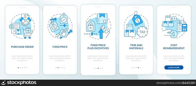 Procurement contracts blue onboarding mobile app screen. Walkthrough 5 steps editable graphic instructions with linear concepts. UI, UX, GUI template. Myriad Pro-Bold, Regular fonts used. Procurement contracts blue onboarding mobile app screen