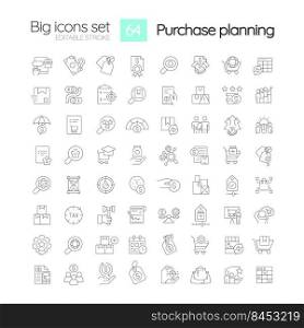Procurement planning process linear icons set. Efficient products acquisition. Customizable thin line symbols. Isolated vector outline illustrations. Editable stroke. Quicksand-Light font used. Procurement planning process linear icons set