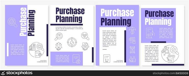 Procurement planning purple brochure template. Supply chain management. Leaflet design with linear icons. Editable 4 vector layouts for presentation, annual reports. Anton, Lato-Regular fonts used. Procurement planning purple brochure template