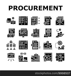 Procurement Process Collection Icons Set Vector. Procurement Warehouse And Contract, Purchase Requisition And Budget Approval Glyph Pictograms Black Illustrations. Procurement Process Collection Icons Set Vector