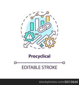 Procyclical concept icon. Move in same direction. Attribute of economic indicators abstract idea thin line illustration. Isolated outline drawing. Editable stroke. Arial, Myriad Pro-Bold fonts used. Procyclical concept icon