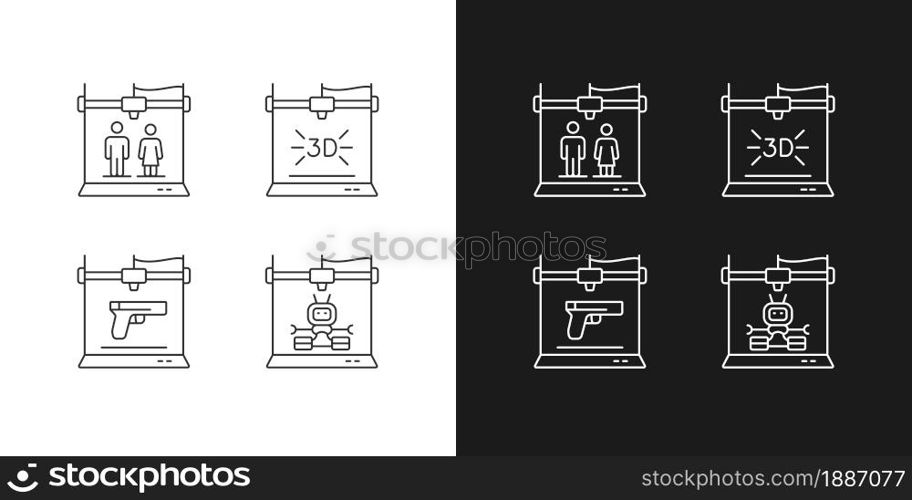 Produce 3d models linear icons set for dark and light mode. Robotic additive manufacturing. Weapon manufacture. Customizable thin line symbols. Isolated vector outline illustrations. Editable stroke. Produce 3d models linear icons set for dark and light mode