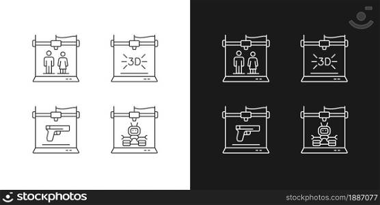 Produce 3d models linear icons set for dark and light mode. Robotic additive manufacturing. Weapon manufacture. Customizable thin line symbols. Isolated vector outline illustrations. Editable stroke. Produce 3d models linear icons set for dark and light mode