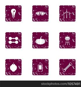 Produce energy icons set. Grunge set of 9 produce energy vector icons for web isolated on white background. Produce energy icons set, grunge style
