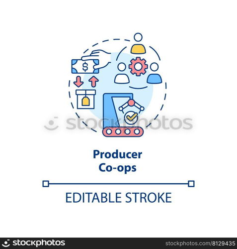 Producer co-ops concept icon. Similar goods production abstract idea thin line illustration. Obtaining better pricing. Isolated outline drawing. Editable stroke. Arial, Myriad Pro-Bold fonts used. Producer co-ops concept icon