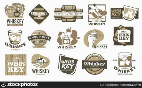 Producing whiskey beverage, aged in oak barrels for years. Labels and logotypes with inscriptions, alcoholic beverage manufacturing in countryside. Glass with ice cubes. Vector in flat style. Whiskey brewing company and production labels