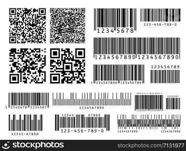 Product barcodes. Industrial barcode, qr code and scan bar label. Inventory badge codes, supermarket scanning sign vector set. Identification code for merchandise, product ID tags illustrations pack