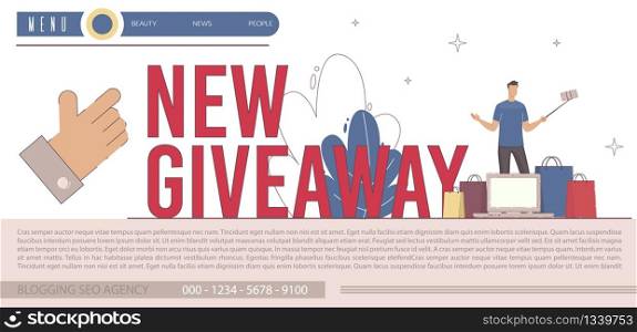 Product, Brand Advertising in Social Networks, Business online Promotion Campaign with Giveaway Event Web Banner, Landing Page Template. internet User Getting Prize Trendy Flat Vector Illustration