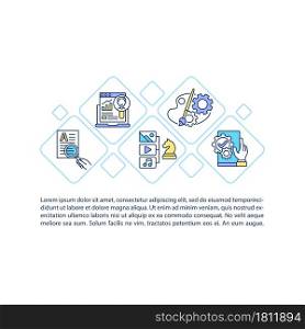 Product design and development concept line icons with text. PPT page vector template with copy space. Brochure, magazine, newsletter design element. Great user interface linear illustrations on white. Product design and development concept line icons with text