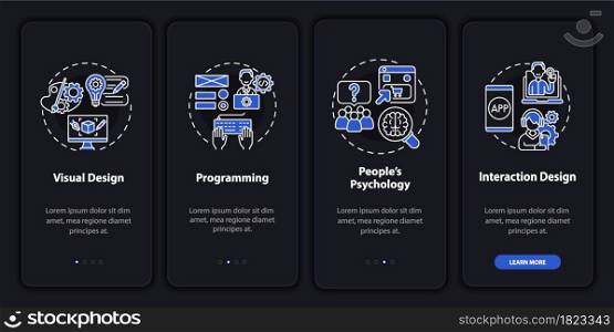 Product design onboarding mobile app page screen. People psychology walkthrough 4 steps graphic instructions with concepts. UI, UX, GUI vector template with linear night mode illustrations. Product design onboarding mobile app page screen
