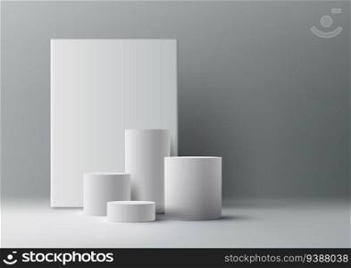 Product display with this clean and minimalistic design on a white cylinder podium. The 3D realistic vector illustration showcases your items elegantly. Vector illustration