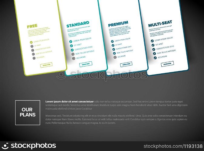 Product features schema template cards with four services subscription, feature lists, order buttons and descriptions - light blue green version. Product service subscription plans template