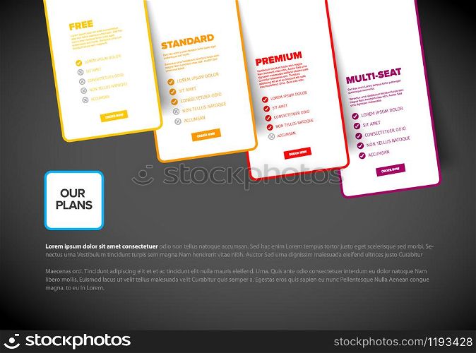 Product features schema template cards with four services subscription, feature lists, order buttons and descriptions - light yellow, red version