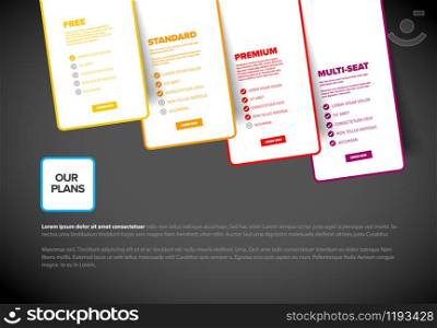 Product features schema template cards with four services subscription, feature lists, order buttons and descriptions - light yellow, red version