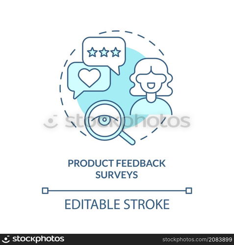 Product feedback survey turquoise concept icon. Customer touchpoint abstract idea thin line illustration. Isolated outline drawing. Editable stroke. Roboto-Medium, Myriad Pro-Bold fonts used. Product feedback survey turquoise concept icon