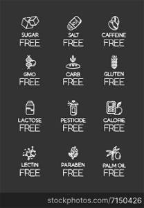 Product free ingredient chalk icons set. No lectine, paraben, gmo, gluten. Organic food, healthy eating. Low calories meals. Dietary without sweeteners. Isolated vector chalkboard illustrations