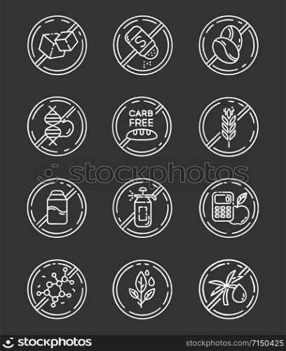 Product free ingredient chalk icons set. No paraben, pesticide, lactose. Organic food, healthy eating. Non-chemical herbs. Dietary without allergens. Isolated vector chalkboard illustrations