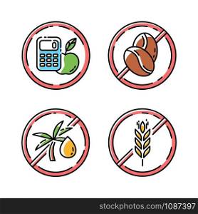 Product free ingredient color icons set. No calories, caffeine, palm oil, gluten. Organic food for weight loss. Healthy dietary without allergens. Balanced meals. Isolated vector illustrations