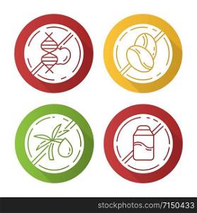 Product free ingredient flat design long shadow glyph icons set. No gmo, caffeine, palm oil, lactose. Healthy organic food without chemicals. Dietary without allergens. Vector silhouette illustration