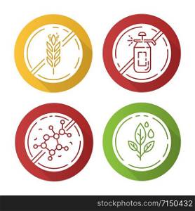 Product free ingredient flat design long shadow glyph icons set. No gluten, pesticide, lectin, paraben. Organic food for weight loss. Dietary without allergens. Vector silhouette illustration