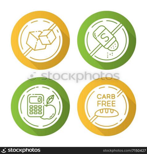 Product free ingredient flat design long shadow glyph icons set. No sugar, salt, calories, carb. Organic food, healthy eating. Dietary without allergens. Balanced meals. Vector silhouette illustration