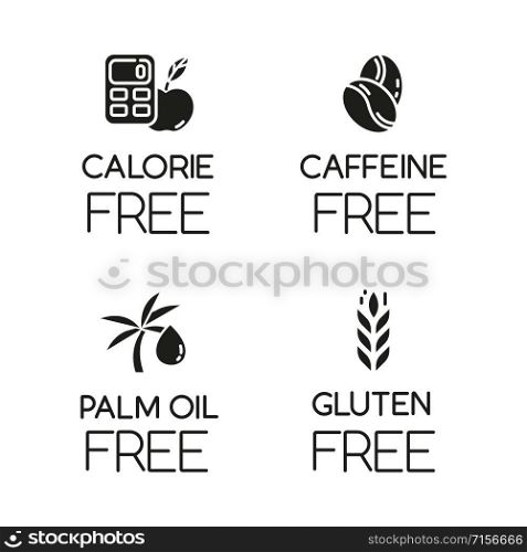 Product free ingredient glyph icons set. No calories, caffeine, palm oil, gluten. Organic healthy food. Low calories meals. Dietary without allergens. Silhouette symbols. Vector isolated illustration