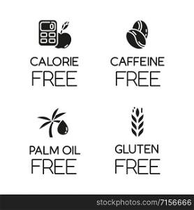 Product free ingredient glyph icons set. No calories, caffeine, palm oil, gluten. Organic healthy food. Low calories meals. Dietary without allergens. Silhouette symbols. Vector isolated illustration