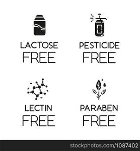 Product free ingredient glyph icons set. No lactose, pesticide, lectin, paraben. Non-chemical pharmaceuticals. Dietary without allergens. Silhouette symbols. Vector isolated illustration
