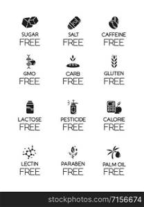 Product free ingredient glyph icons set. No lectine, paraben, gmo, gluten. Organic food, healthy eating. Low calories meals. Dietary without allergens. Silhouette symbols. Vector isolated illustration