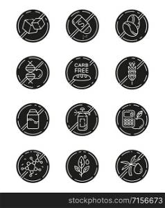 Product free ingredient glyph icons set. No paraben, pesticide, lactose. Organic food, healthy eating. Non-chemical herbs. Dietary without allergens. Silhouette symbols. Vector isolated illustration