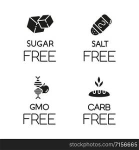 Product free ingredient glyph icons set. No sugar, salt, gmo, carbs. Non-seasoned, unsweetened meals. Dietary without allergens and sweeteners. Silhouette symbols. Vector isolated illustration
