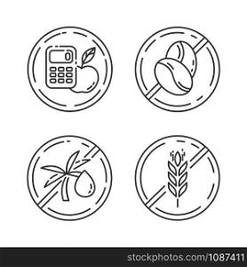 Product free ingredient linear icons set. No calories, caffeine, palm oil, gluten. Organic food for weight loss. Thin line contour symbols. Isolated vector outline illustrations. Editable stroke