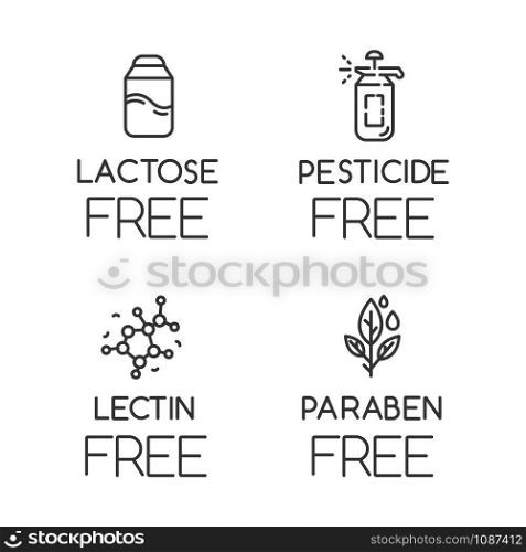 Product free ingredient linear icons set. No lactose, pesticide, lectin, paraben. Non-chemical pharmaceuticals. Thin line contour symbols. Isolated vector outline illustrations. Editable stroke