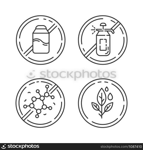 Product free ingredient linear icons set. No pesticide, lectin, paraben, lactose. Healthy food without chemicals. Thin line contour symbols. Isolated vector outline illustrations. Editable stroke