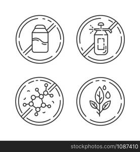 Product free ingredient linear icons set. No pesticide, lectin, paraben, lactose. Healthy food without chemicals. Thin line contour symbols. Isolated vector outline illustrations. Editable stroke